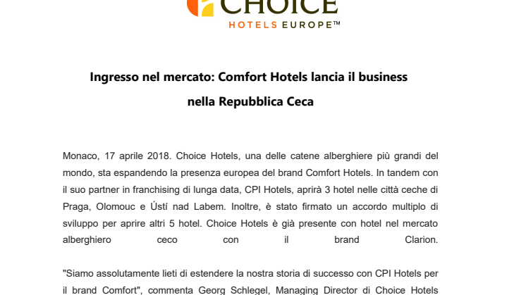 Ingresso nel mercato: Comfort Hotels lancia il business nella Repubblica Ceca