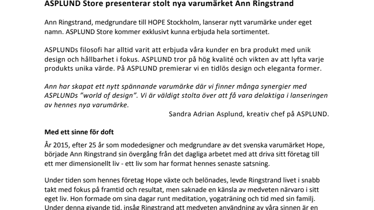 ASPLUND Store presenterar stolt nya varumärket Ann Ringstrand