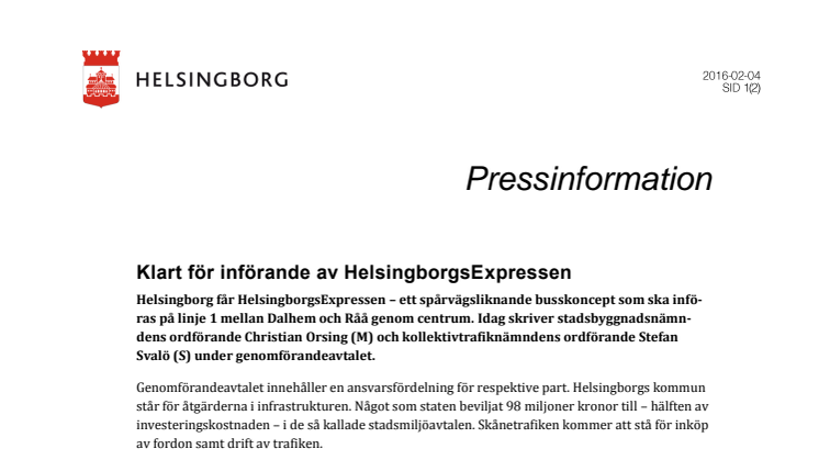 Klart för införande av HelsingborgsExpressen