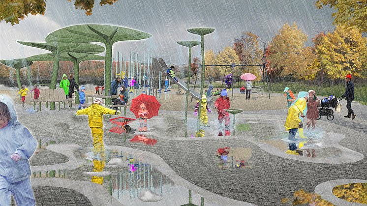 Så här kan det se ut på regnlekplatsen när det regnar. Illustration 02Landskap.