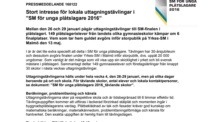 Stort intresse för lokala uttagningstävlingar i ”SM för unga plåtslagare 2016”