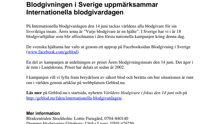 Blodgivningen i Sverige uppmärksammar Internationella blodgivardagen