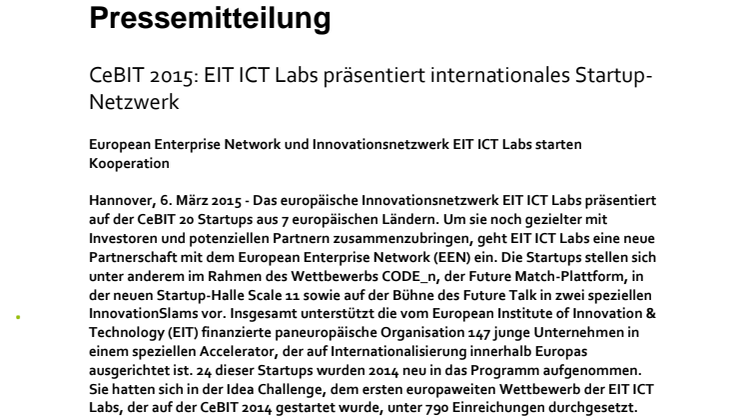 CeBIT 2015: EIT ICT Labs präsentiert internationales Startup-Netzwerk