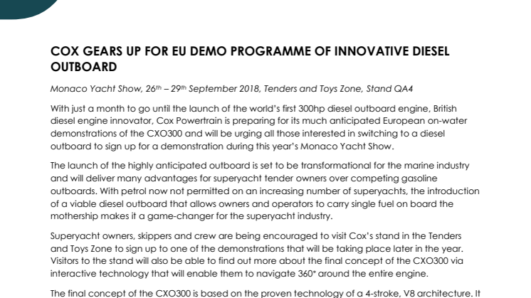 Cox Powertrain:  Cox Gears up for EU Demo Programme of Innovative Diesel Outboard