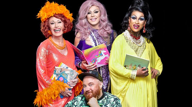 Bland drakar och dragqueens. Medsols, Inga Tvivel, Tant-Henrik, Carnita Molida, Petter Wallenberg. Av Peter Knutson