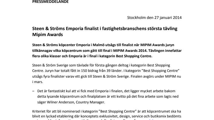 Steen & Ströms Emporia finalist i fastighetsbranschens största tävling Mipim Awards