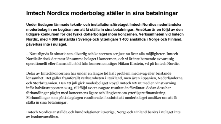 Imtech Nordics moderbolag ställer in sina betalningar