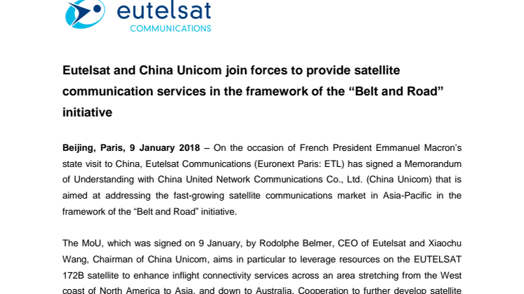 Eutelsat and China Unicom join forces to provide satellite communication services in the framework of the “Belt and Road” initiative