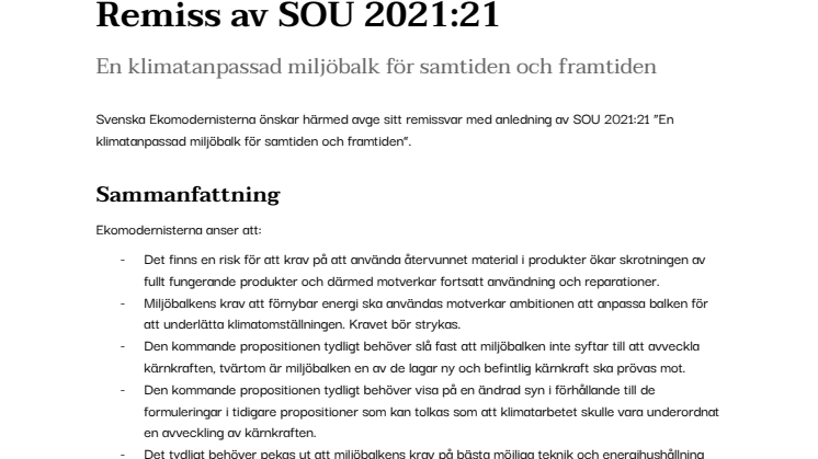 Remiss av SOU 2021:21 En klimatanpassad miljöbalk för samtiden och framtiden