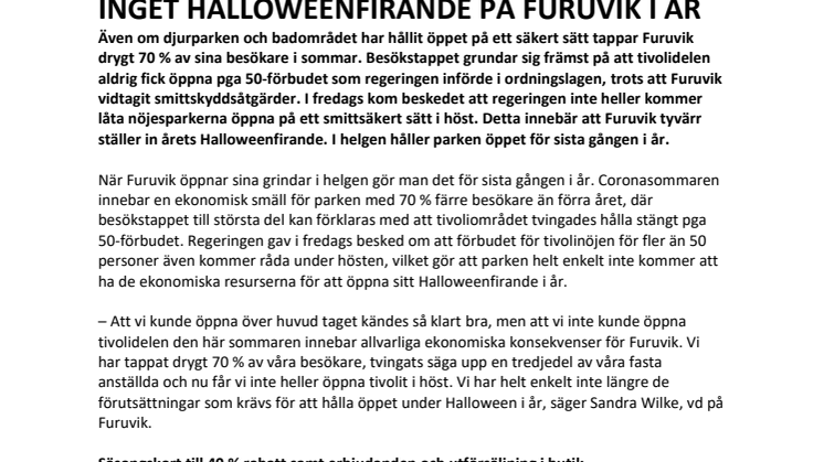 Inget Halloweenfirande på Furuvik i år