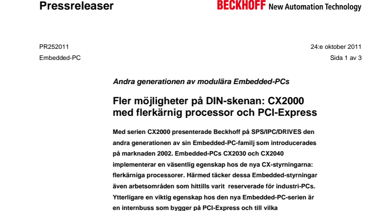 Beckhoff's DIN-skena CX2000 med flerkärnig processor och PCI-Express 