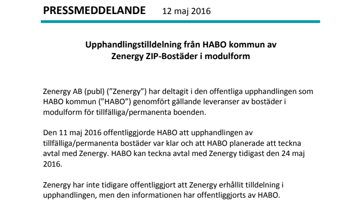 Zenergy tilldelas leveranser av Zenergy ZIP-Bostäder i modulform till HABO kommun 