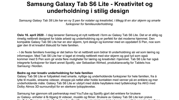 Samsung Galaxy Tab S6 Lite - Kreativitet og underholdning i stilig design  