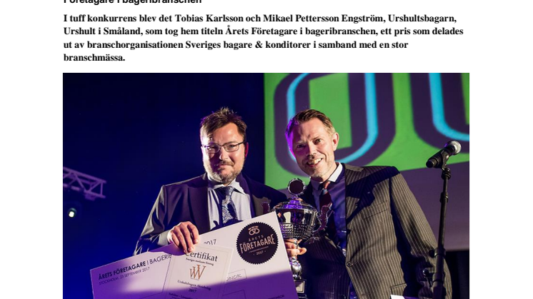 Tobias Karlsson och Mikael Pettersson Engström, Urshultsbagarn, är Årets Företagare i bageribranschen