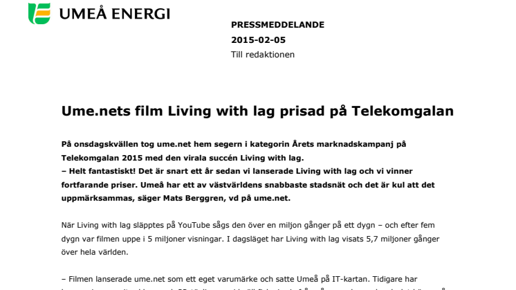 Ume.nets film Living with lag prisad på Telekomgalan 