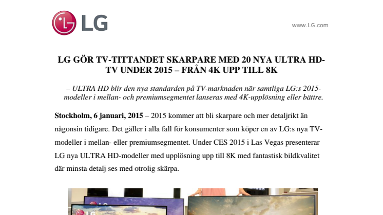 LG GÖR TV-TITTANDET SKARPARE MED 20 NYA ULTRA HD-TV UNDER 2015 – FRÅN 4K UPP TILL 8K