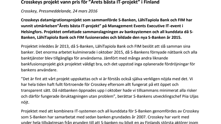 Crosskeys projekt vann pris för ”Årets bästa IT-projekt” i Finland