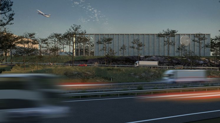 Visionsbild över kommande logistikanläggning vid Göteborg Landvetter Airport. Arkitekter: Spring Arkitektkontor