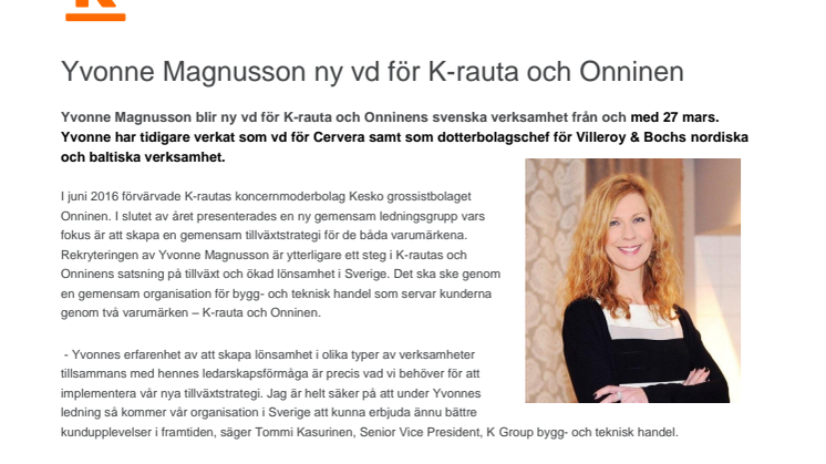 Yvonne Magnusson ny vd för K-rauta och Onninen
