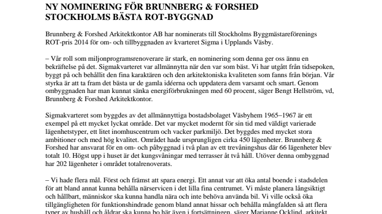 NY NOMINERING FÖR BRUNNBERG & FORSHED  STOCKHOLMS BÄSTA ROT-BYGGNAD