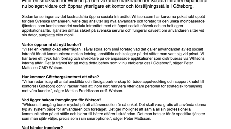 Den svenska uppstickaren för Sociala Intranät, Whtson, expanderar ytterligare