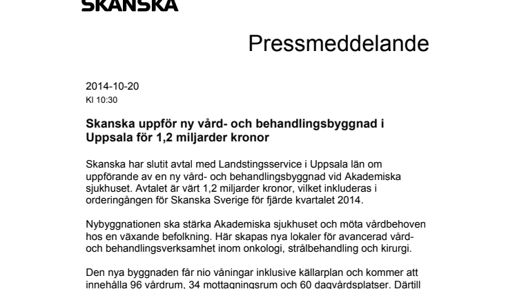 Skanska uppför ny vård- och behandlingsbyggnad i Uppsala för 1,2 miljarder kronor