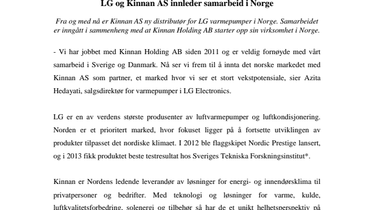 LG og Kinnan AS innleder samarbeid i Norge