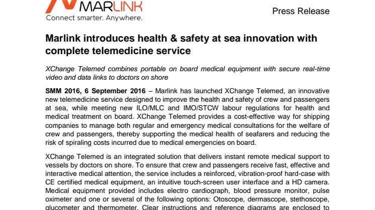 Marlink: Marlink introduces health & safety at sea innovation with complete telemedicine service