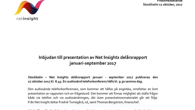 Inbjudan till presentation av Net Insights delårsrapport  januari-september 2017