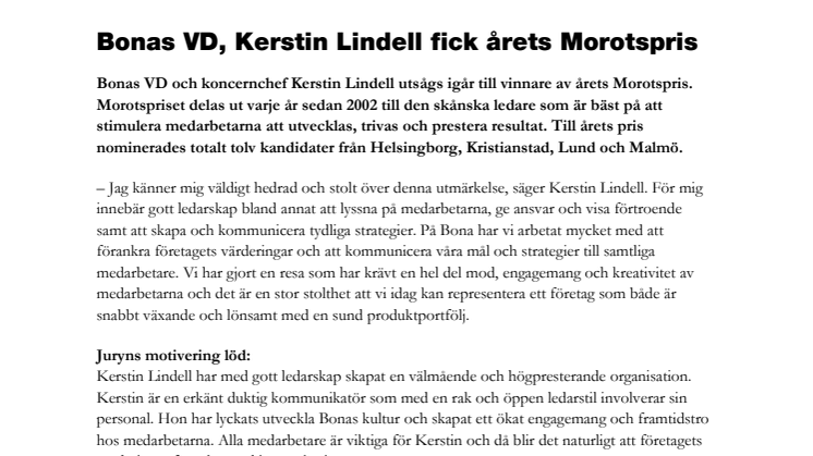 Bonas VD, Kerstin Lindell fick årets Morotspris