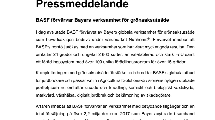 BASF förvärvar Bayers verksamhet för grönsaksutsäde