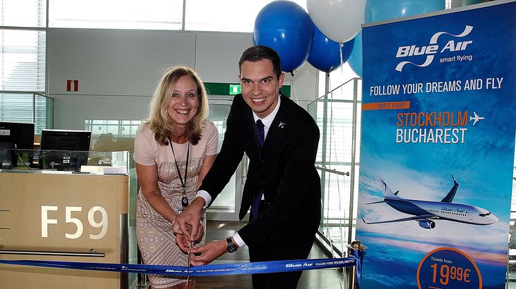 Elizabeth Axtelius, flygmarknadsdirektör Swedavia, och Vlad Cristescu, ‎Advertising and Brand Executive, Blue Air