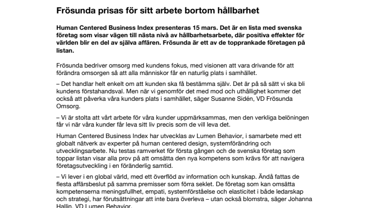 Frösunda prisas för sitt arbete bortom hållbarhet 