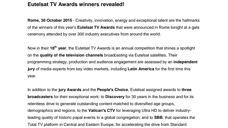 Eutelsat TV Awards winners revealed!