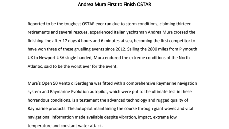 Raymarine: Andrea Mura First to Finish OSTAR
