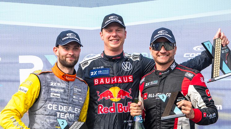 Pallen i World RX of Norway; Niclas Grönholm, Johan Kristoffersson och Timo Scheider.