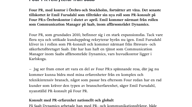 Four PR rekryterar från Saab 