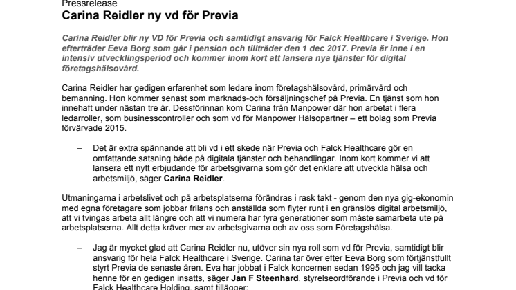 Carina Reidler ny vd för Previa
