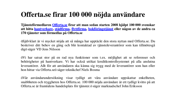 Offerta.se firar 100 000 nöjda användare