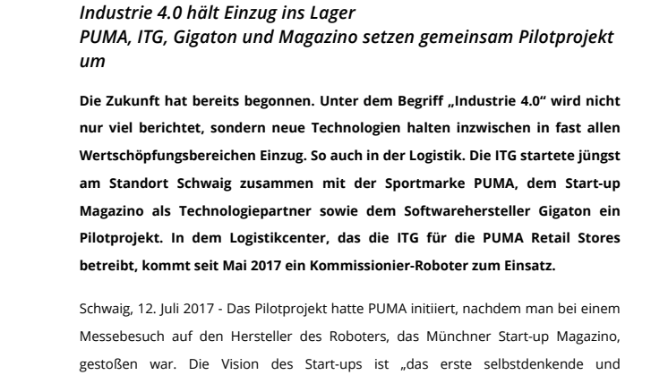 Industrie 4.0 hält Einzug ins Lager: PUMA, ITG und Magazino setzen gemeinsam Pilotprojekt um