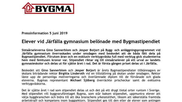 Elever vid Järfälla gymnasium belönade med Bygmastipendiet