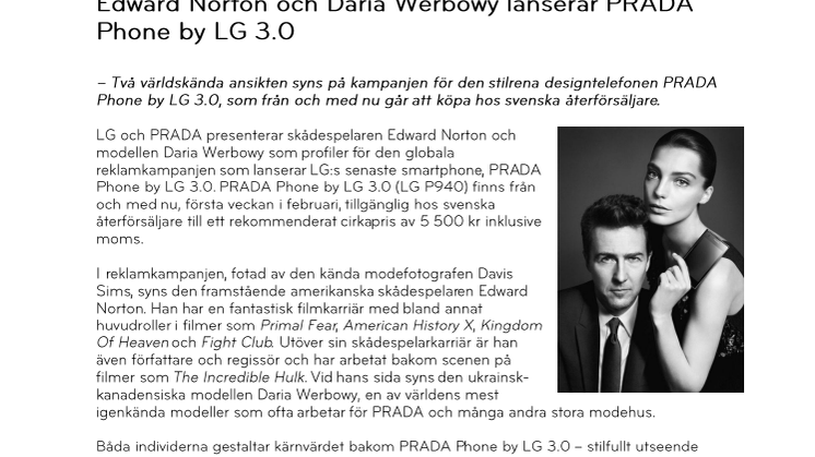 Edward Norton och Daria Werbowy lanserar PRADA Phone by LG 3.0
