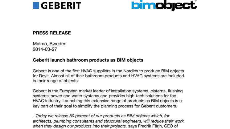 Geberit launch bathroom products as BIM objects