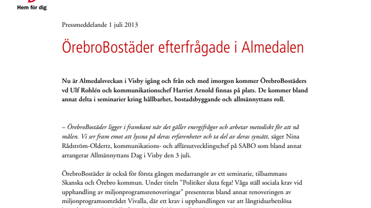 ÖrebroBostäder efterfrågade i Almedalen