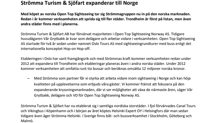 Strömma Turism & Sjöfart expanderar till Norge