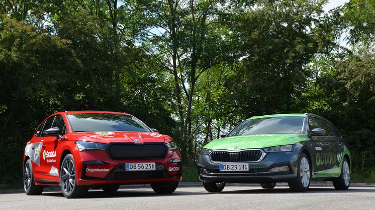 Både Škoda Enyaq og Škoda Octavia er i finalen i Årets Brugtbil 2024. På fotoet er de to populære familiebiler klædt på til cykelløb.