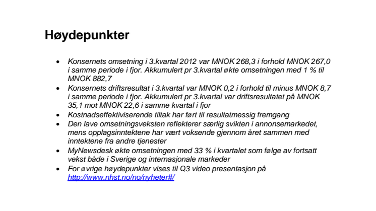 KVARTALSRAPPORT 3. kvartal 2012