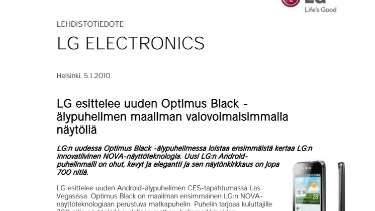 LG esittelee uuden Optimus Black -älypuhelimen maailman valovoimaisimmalla näytöllä 