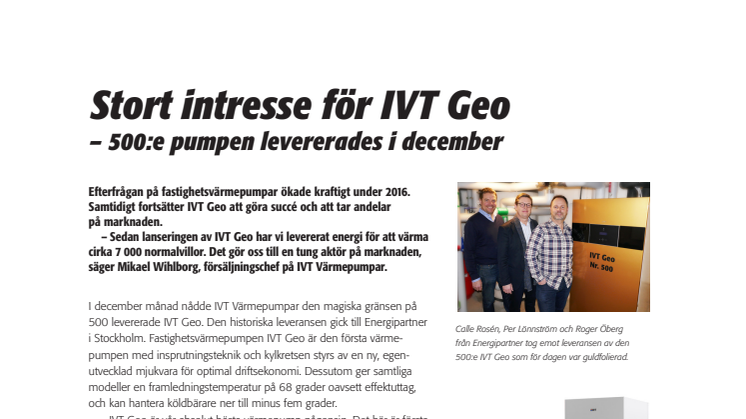 Stort intresse för IVT Geo – 500:e pumpen levererades i december