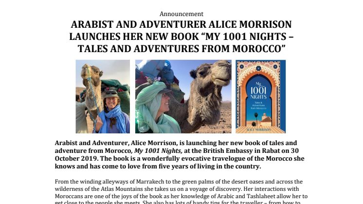 ARABIST AND ADVENTURER ALICE MORRISON LAUNCHES HER NEW BOOK “MY 1001 NIGHTS – TALES AND ADVENTURES FROM MOROCCO”